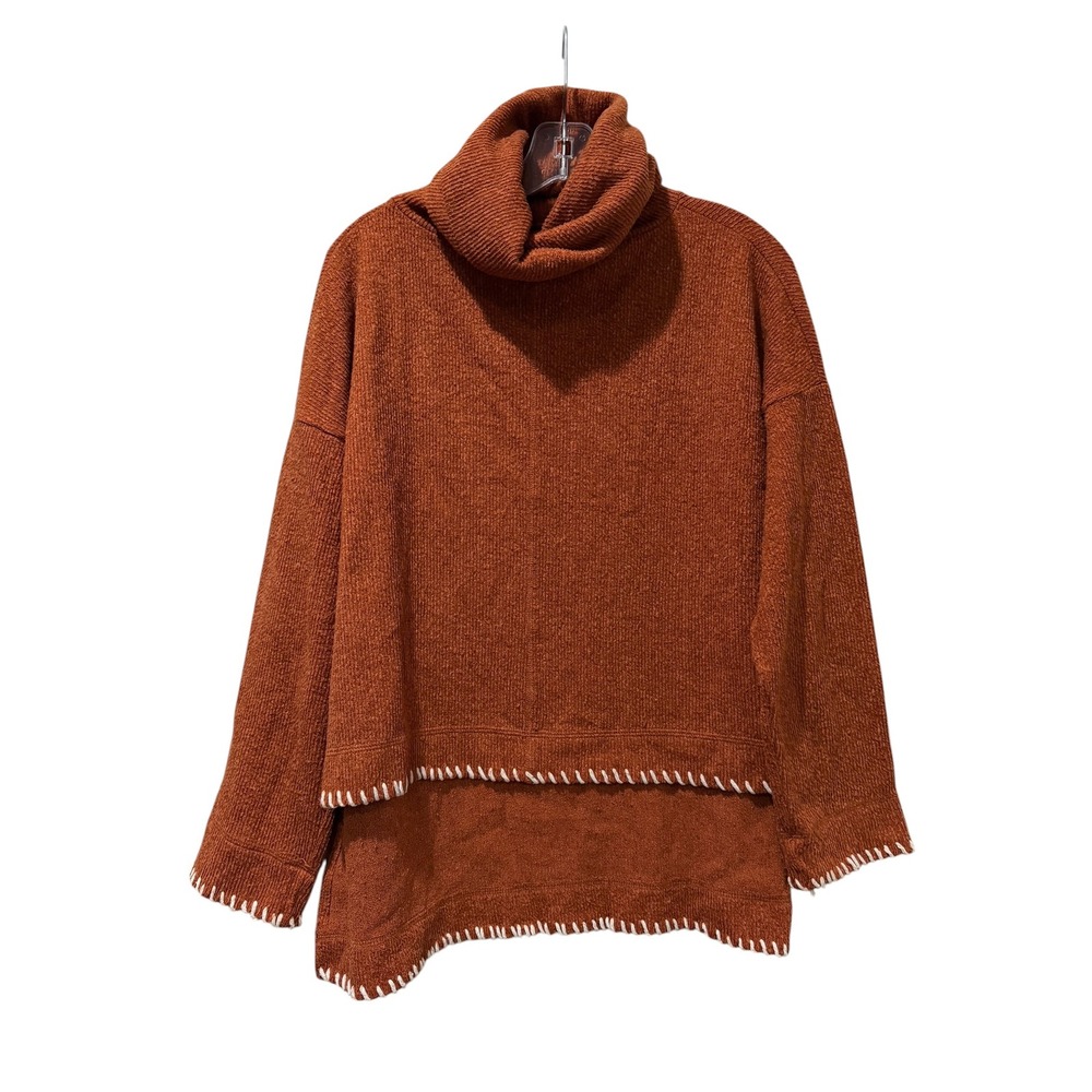 Tennis Rust Orange Whipstitch Layered Turtleneck Sweater Womens Medium Cowl Neck